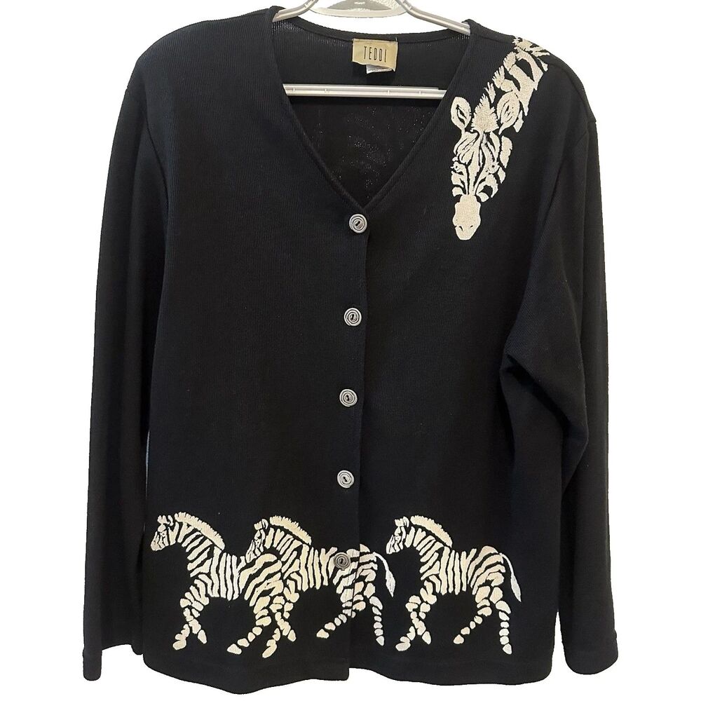 Vintage Teddi Zebra Cardigan XL Black Animal Print Novelty Sweater Art to Wear